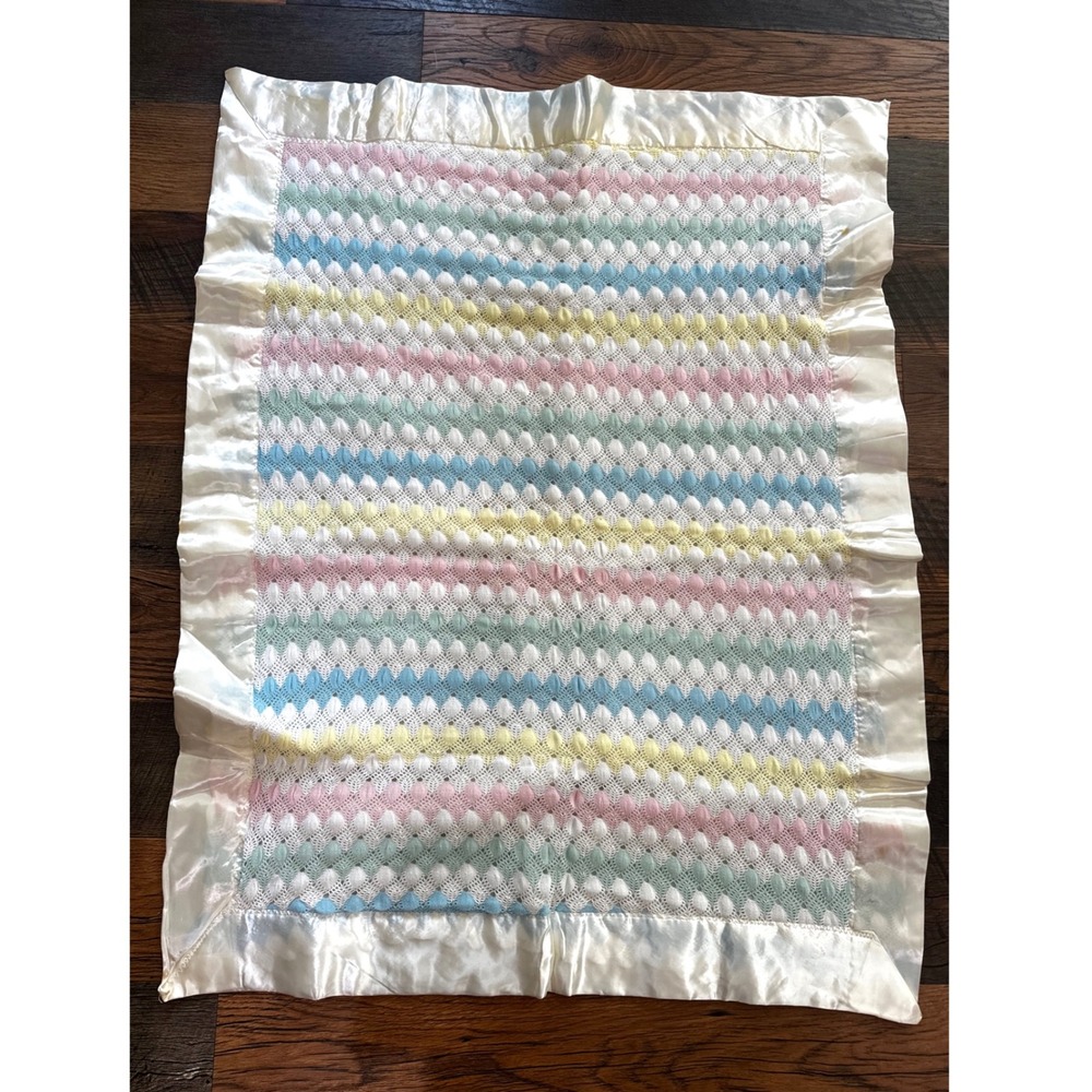 Vintage Pastel Handmade Knit Baby Blanket Quilted Back Satin Ruffle Trim Striped